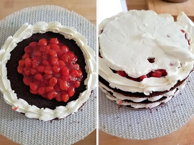 two side by side photos showing how to build the layers for a black forest cake