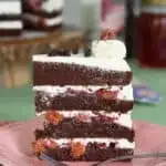 a slice of black forest cake on a pink plate