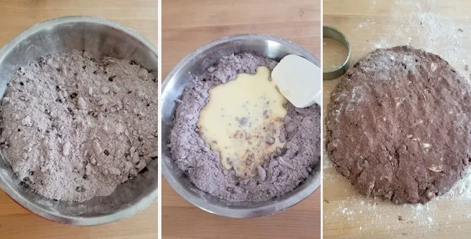 three side by side photos showing how to mix chocolate shortcake biscuit dough.