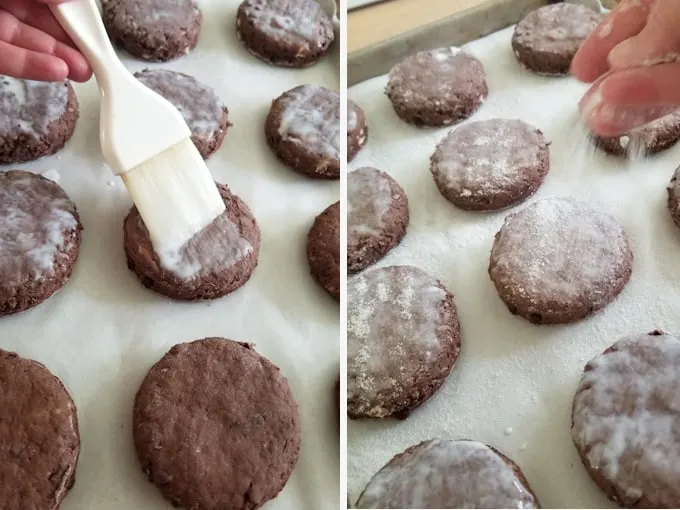 two side by side photos showing how to top chocolate shortcakes with sugar before baking.