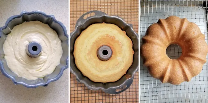 three side by side photos showing sourdough bundt cake before and after baking and then cooling on a rack