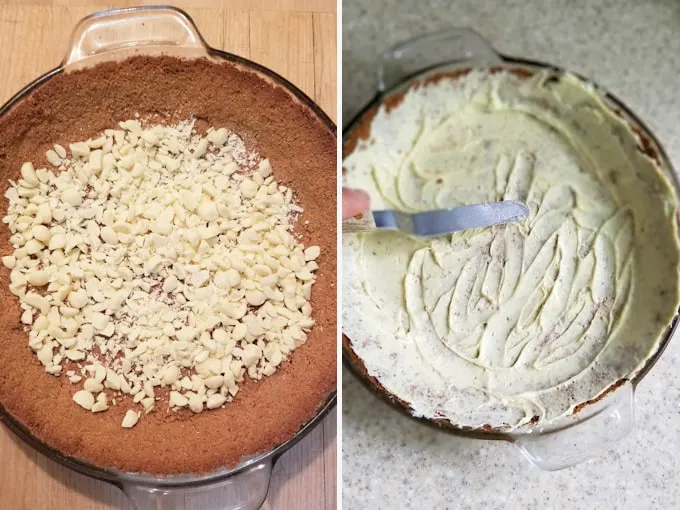 two side by side photos showing how to coat a graham cracker crust with white chocolate