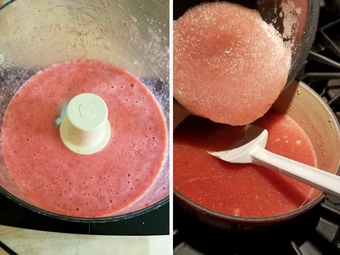 two side by side photos showing how to make strawberry rose wine puree with gelatin.