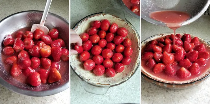 Three side by side photos showing how to fill a fresh strawberry pie with rose wine glaze