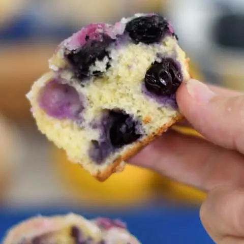 a hand holding a piece of lemon blueberry muffin