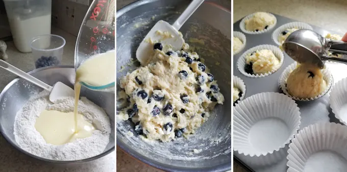 three side by side photos showing how to mix and scoop blueberry muffins