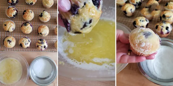 three side by side photos showing how to dip blueberry muffins in lemon butter and sugar
