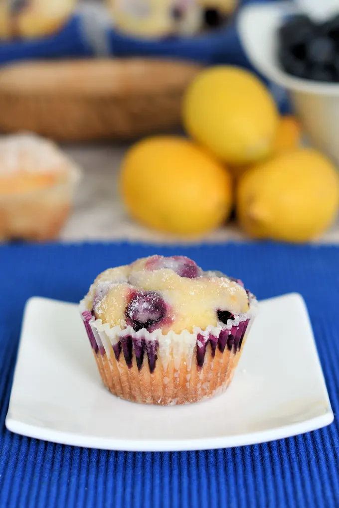 a blueberry muffin on a white plate