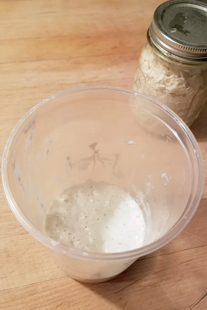 a jar of dried sourdough starter chips behind a container of revived starter
