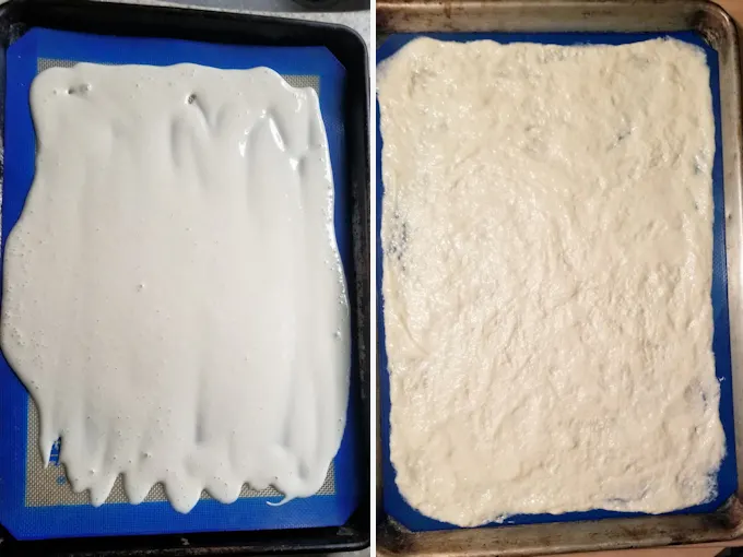 two photos showing fed and unfed sourdough starter ready for drying on a sheet pan.