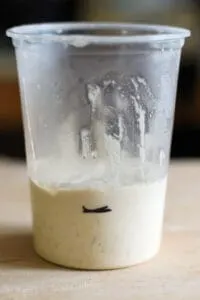 sourdough starter in a plastic container with mark showing how much it has risen