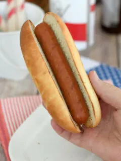 a hand holding a hot dog in a homemade bun
