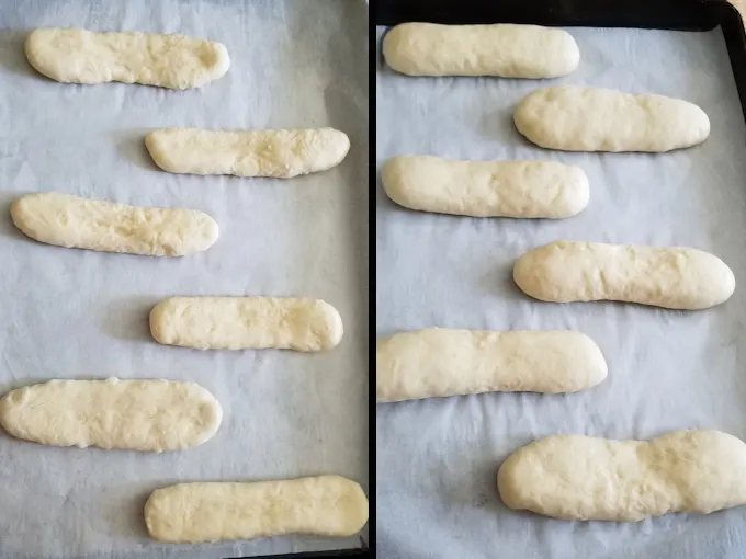 side by side photos showing hot dug bun dough before and after rising