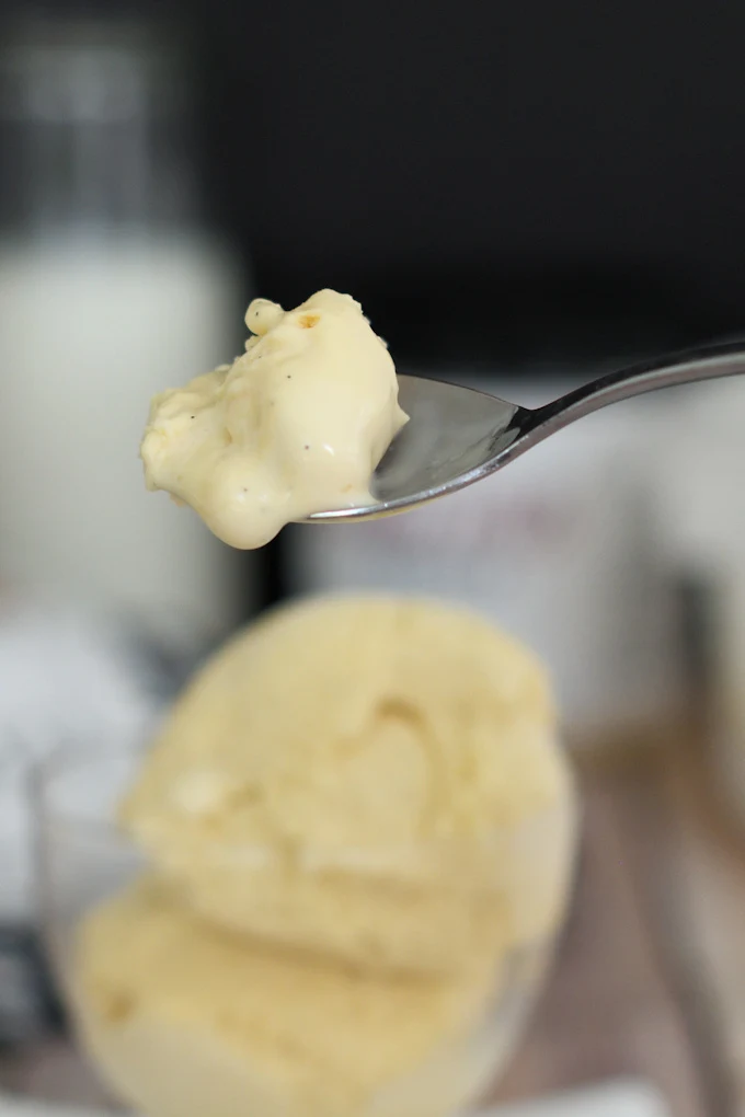 a closeup of a spoonful if homemade malted milk ice cream