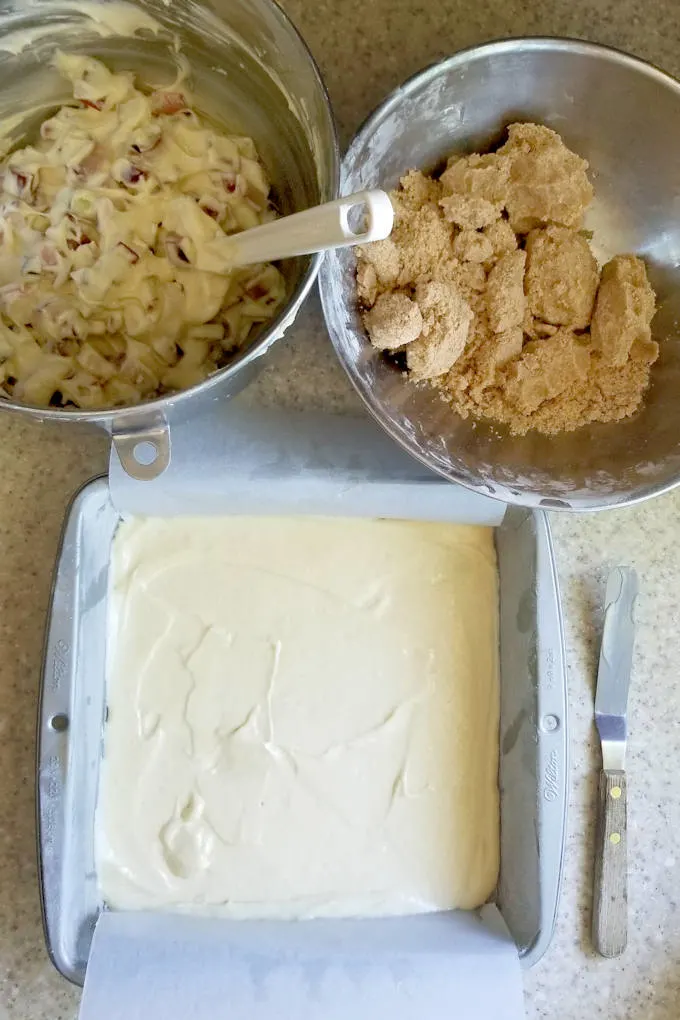 all the components of rhubarb crumb cake ready to assemble