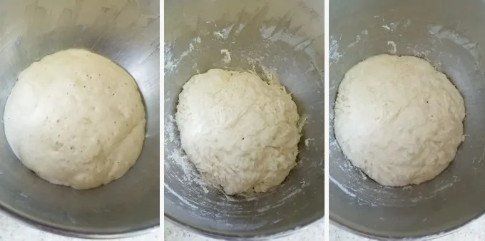 three side-by-side images showing the starter and sponge for making sourdough pizza crust.