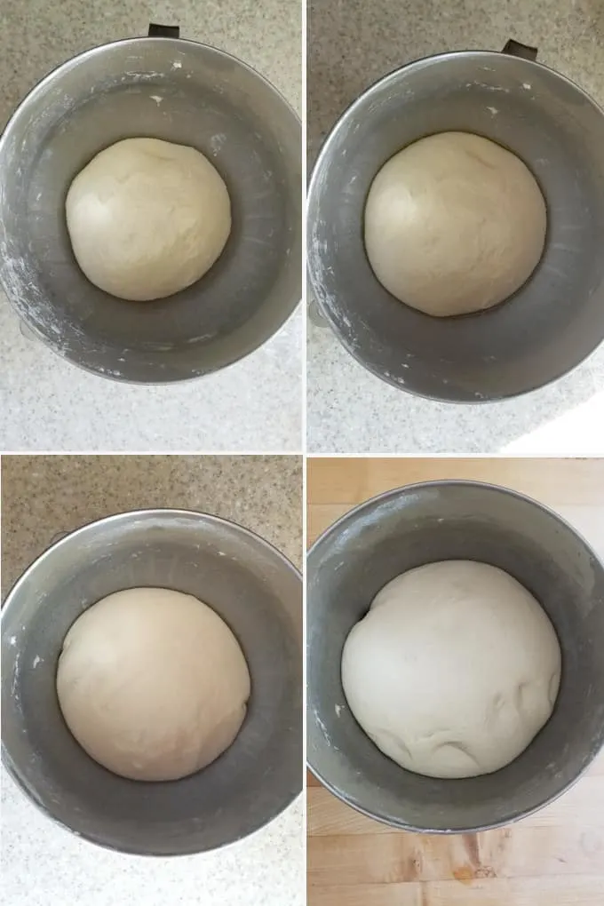 4 images showing the stages of fermentation for sourdough pizza
