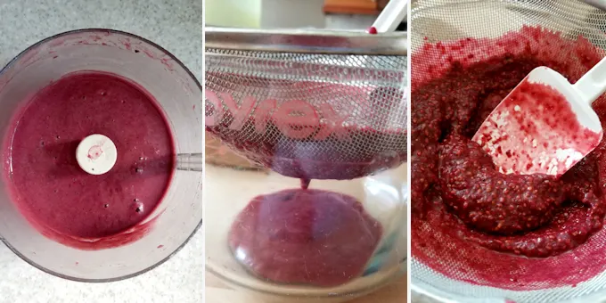 three side by side photos showing how to puree blackberries and strain out the seeds to make homemade blackberry sorbet.