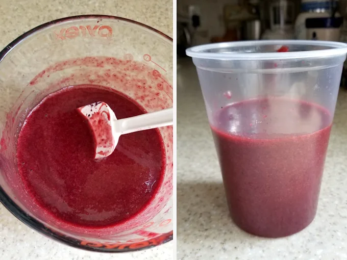 two side by side photos showing blackberry puree mixed with sugar and then store in a container for the refrigerator.