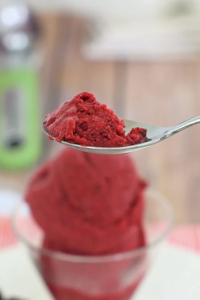 a spoonful of blackberry sorbet with a bowl of sorbet in the background