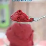 a pinterest image of a spoonful of blackberry sorbet with text overlay