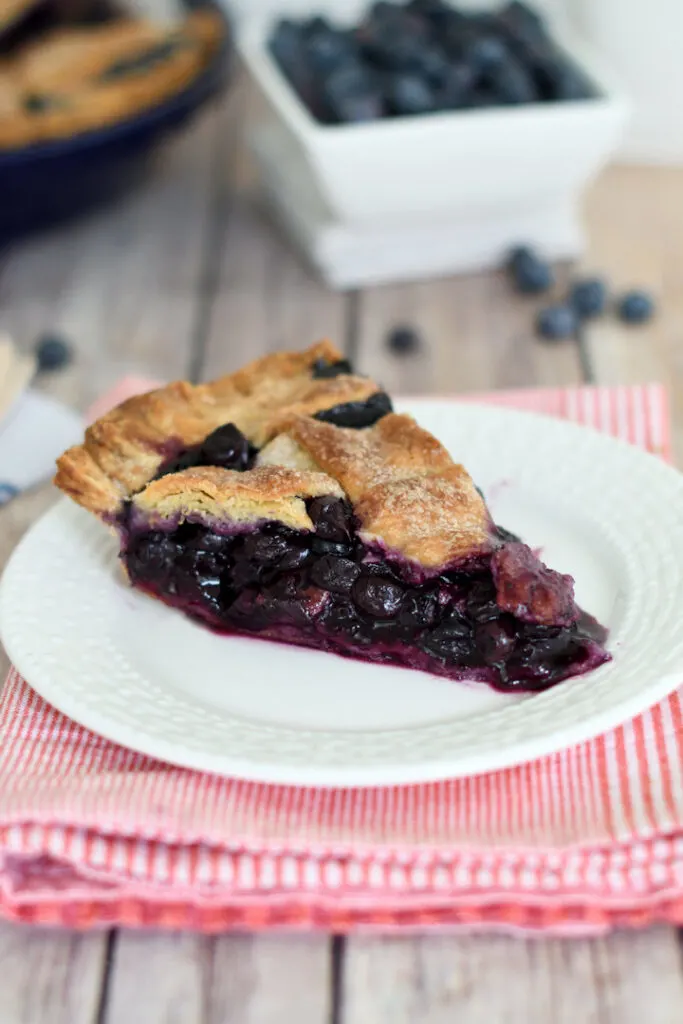 a slice of blueberry pie on a white plate