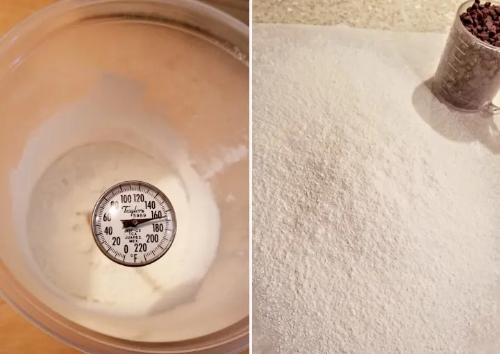 two photos showing how to make raw flour safe to eat in cookie dough