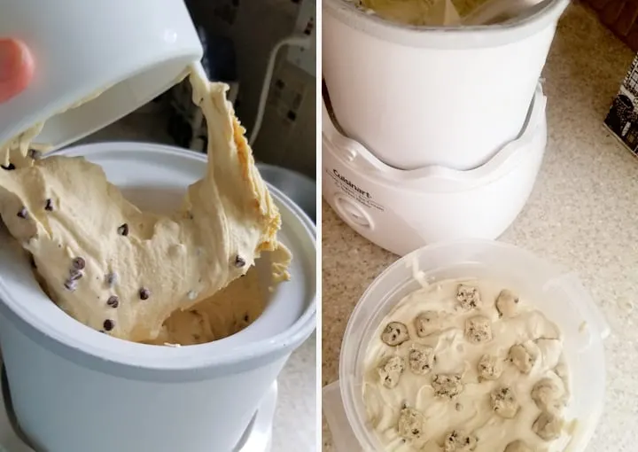 two photos showing how to layer cookie dough into ice cream