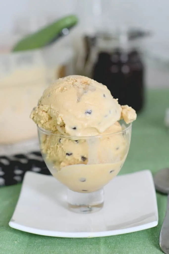 a glass bowl with two scoop of cookie dough ice cream