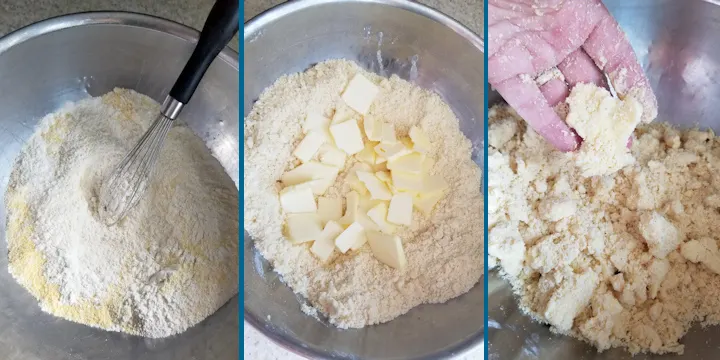 three side by side photos showing the steps to make cornmeal pie crust
