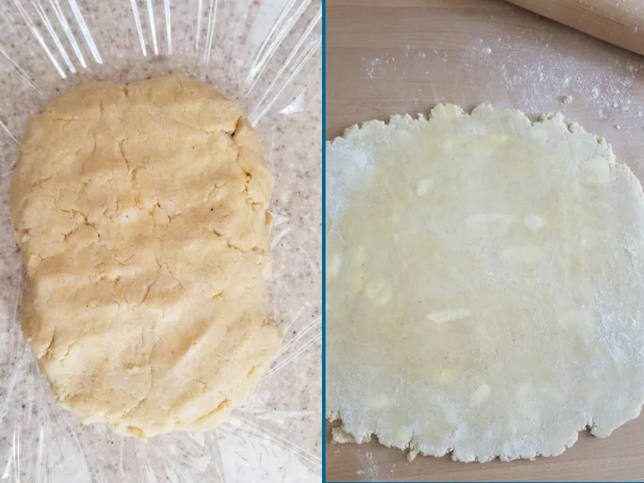 two side by side photos showing how cornmeal pie crust looks when it's first made and when it's rolled out