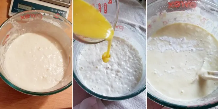three side by side photos showing how to mix sourdough pancake batter