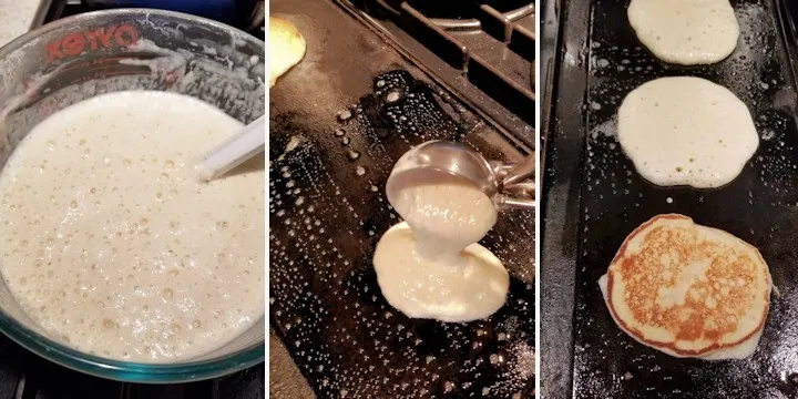 three side by side photos showing how to cook sourdough pancakes