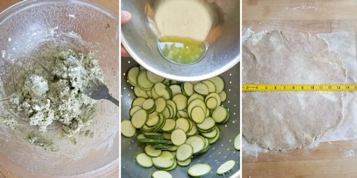 three side by side photos showing how to prep the filling and dough for zucchini galette
