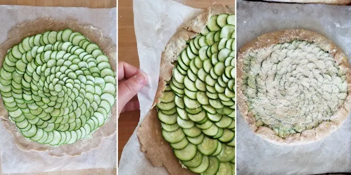 three side by side photos showing how to assemble a zucchini galette