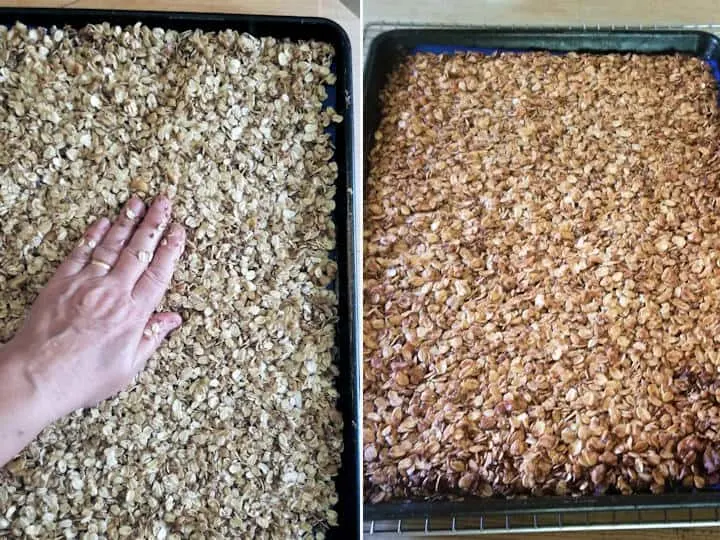two side by side photos showing granola before and after baking