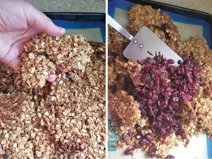two photos showing how to break baked granola into large chunks and tossing in dried fruit