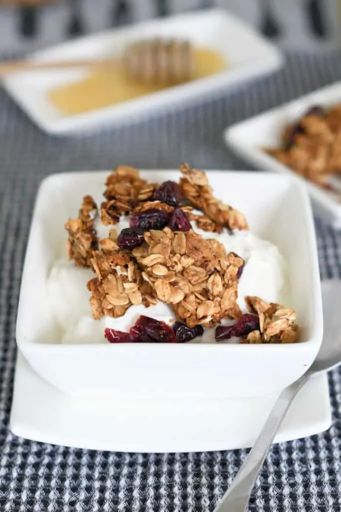 a bowl of yogurt topped with chunky homemade granola