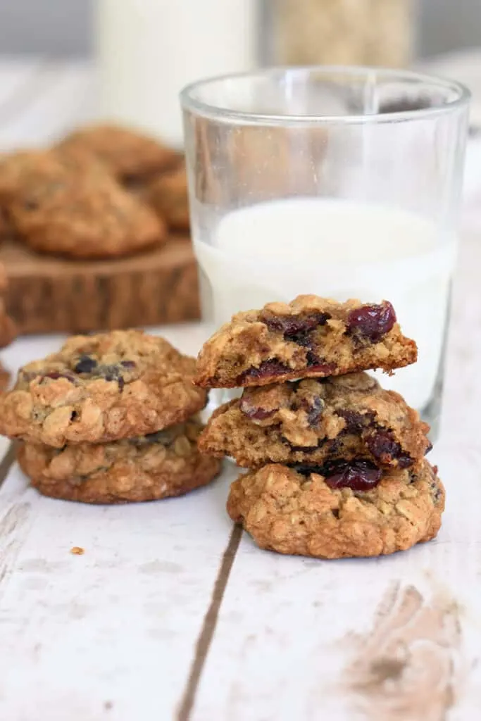 Two stacks of oatmeal cookies with cranberries and chocolate chips with a glass of milk.
