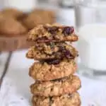 a pinterest image for cranberry chocolate chip oatmeal cookies with text overlay