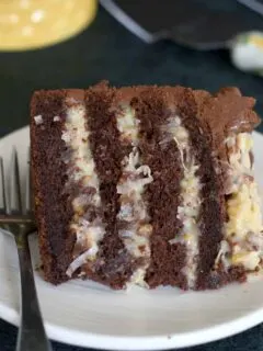 a lice of german chocolate cake on a plate