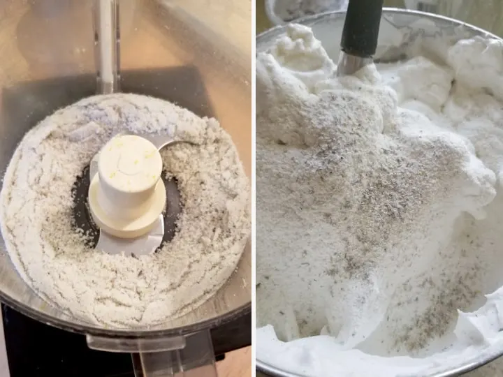 two side by side photos showing how to process the lemon lavender sugar for making angel food cake and a closeup shot of folding the mixture into the meringue.