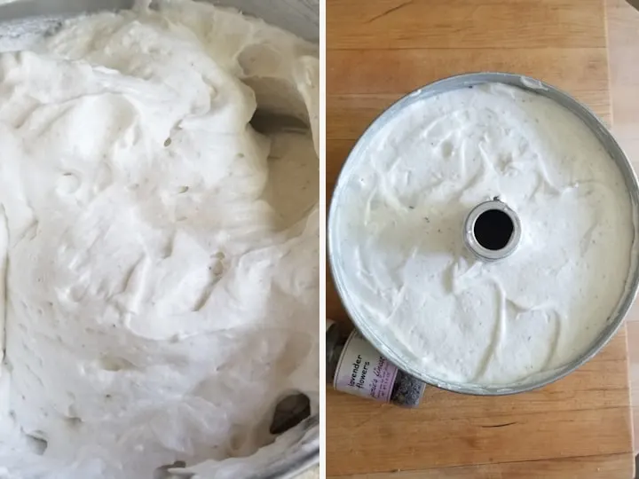 two side by side photos showing a closeup of lemon lavender angel food cake batter and the pan filled with the batter and ready for the oven