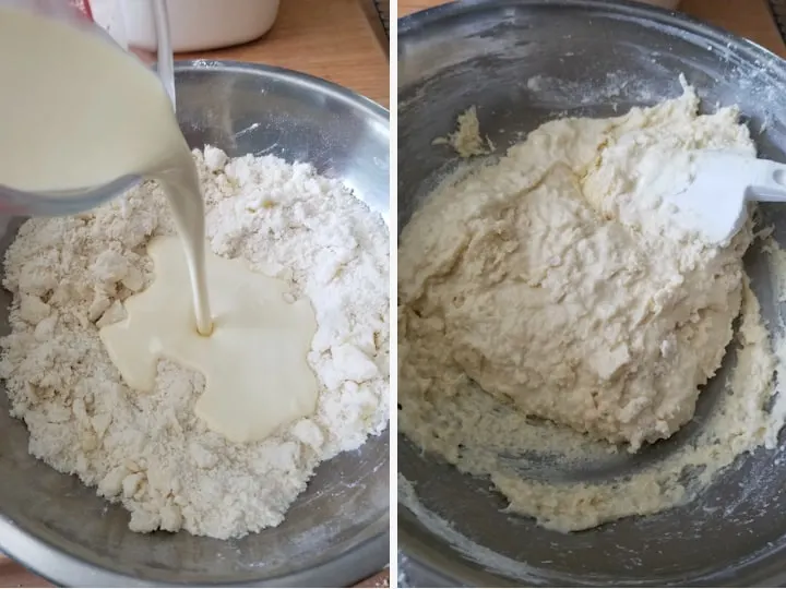 two side by side photos showing flour and butter in a bowl. Cream is added to make dough.