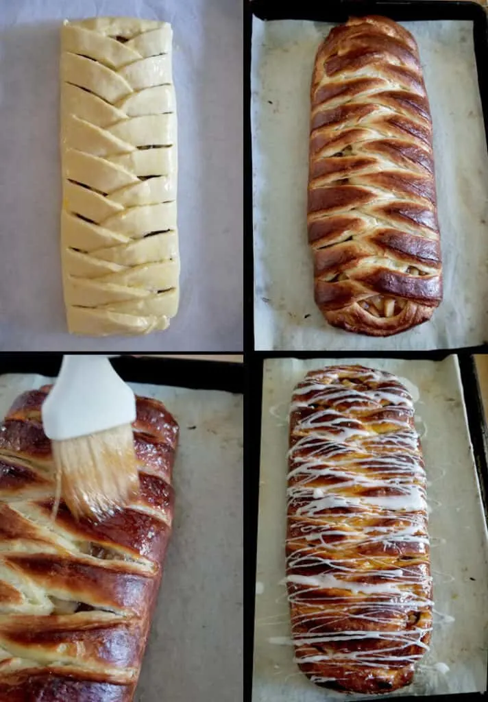 four photos showing how to bake and finish an apple danish braid