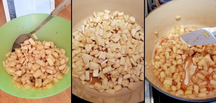 three photos showing how to make apple filling for danish pastry