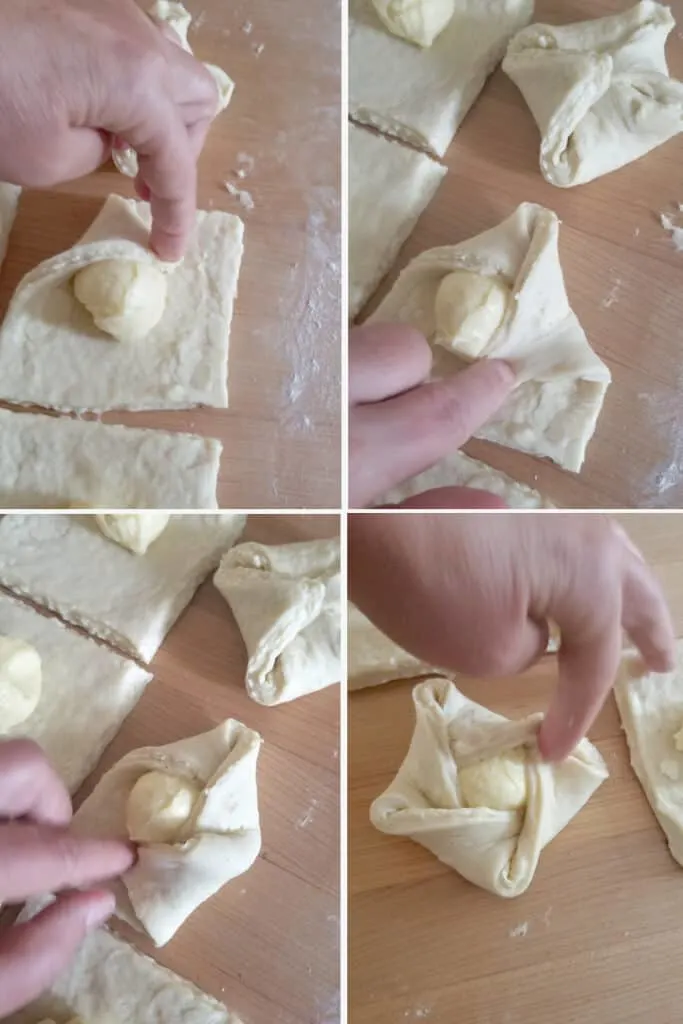 four photos showing how to fold a danish pinwheel