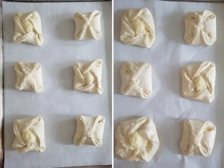 two photos showing cheese danish before and after rising