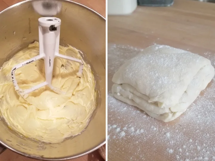 two side by side photos showing the setup for making cheese danish. The cheese filling and the dough.