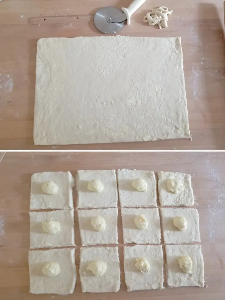 two photos showing how to roll and cut dough for cheese danish.